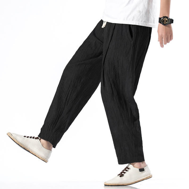 Pantalon Buddha Stones décontracté uni plissé avec cordon de serrage pour homme, en coton et lin, avec poches - image 29
