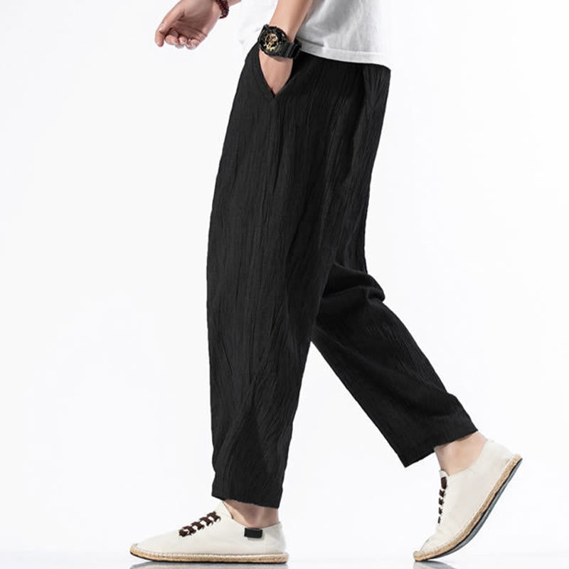 Pantalon Buddha Stones décontracté uni plissé avec cordon de serrage pour homme, en coton et lin, avec poches - image 25