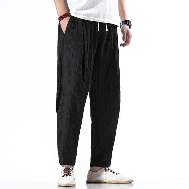 Pantalon Buddha Stones décontracté uni plissé avec cordon de serrage pour homme, en coton et lin, avec poches - image 30