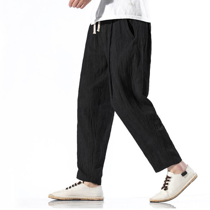 Pantalon Buddha Stones décontracté uni plissé avec cordon de serrage pour homme, en coton et lin, avec poches
