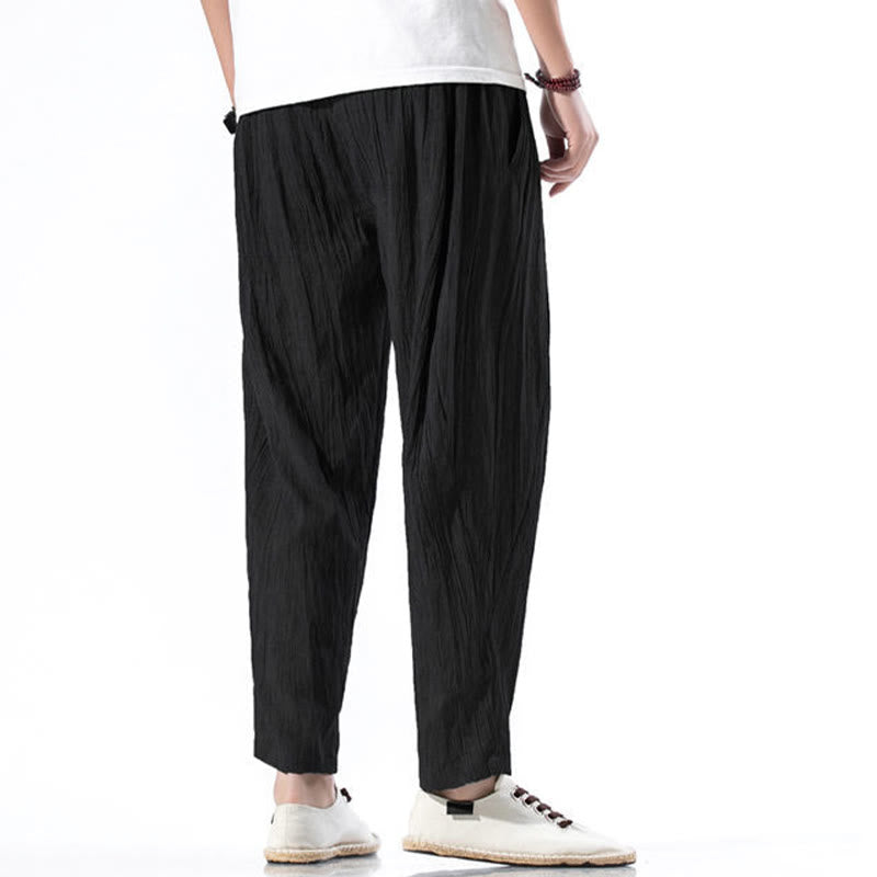 Pantalon Buddha Stones décontracté uni plissé avec cordon de serrage pour homme, en coton et lin, avec poches - image 26