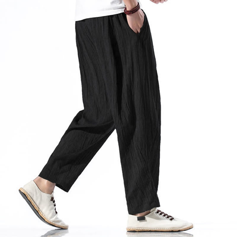 Pantalon Buddha Stones décontracté uni plissé avec cordon de serrage pour homme, en coton et lin, avec poches