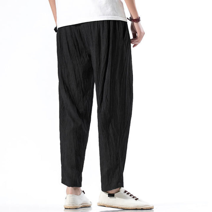 Pantalon Buddha Stones décontracté uni plissé avec cordon de serrage pour homme, en coton et lin, avec poches - image 26