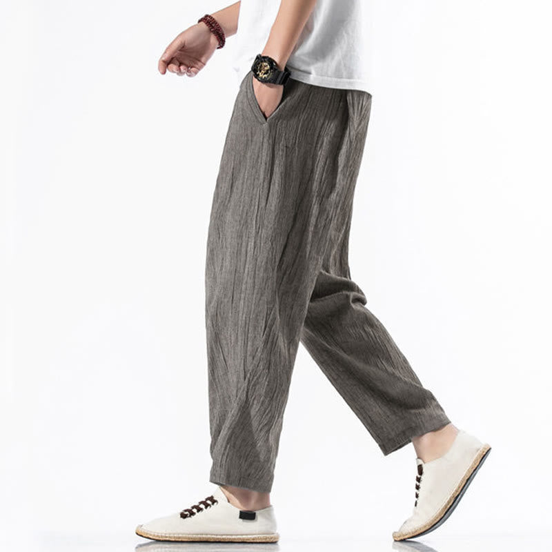 Pantalon Buddha Stones décontracté uni plissé avec cordon de serrage pour homme, en coton et lin, avec poches - image 19