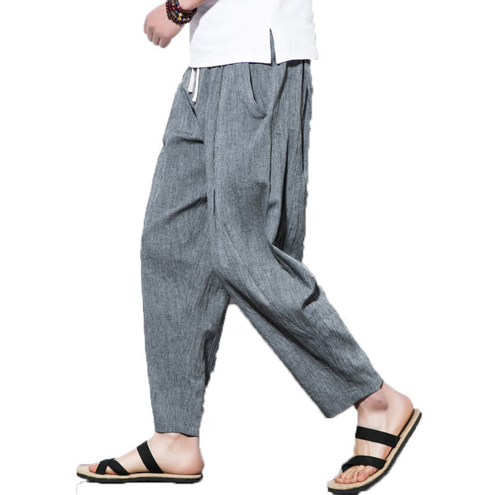 Pantalon Buddha Stones décontracté uni plissé avec cordon de serrage pour homme, en coton et lin, avec poches
