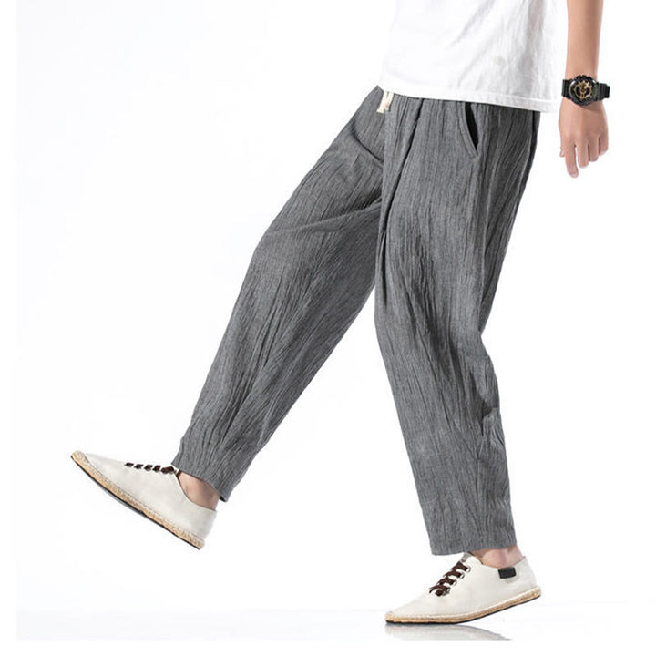 Pantalon Buddha Stones décontracté uni plissé avec cordon de serrage pour homme, en coton et lin, avec poches