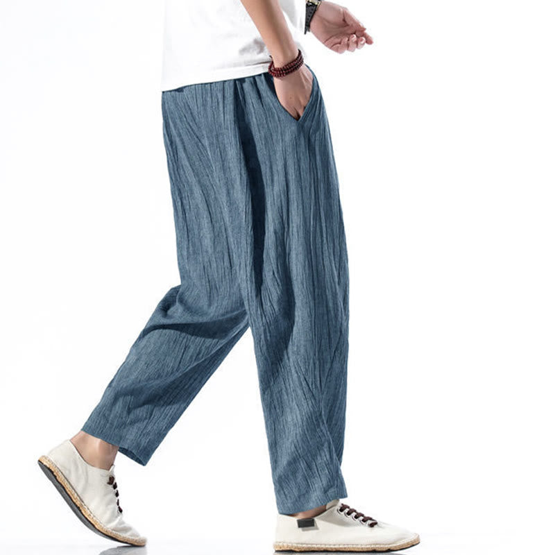 Pantalon Buddha Stones décontracté uni plissé avec cordon de serrage pour homme, en coton et lin, avec poches - image 36