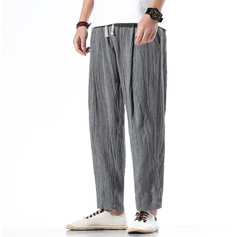 Pantalon Buddha Stones décontracté uni plissé avec cordon de serrage pour homme, en coton et lin, avec poches
