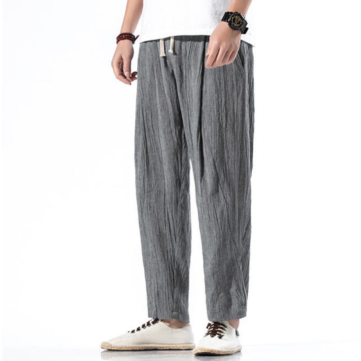 Pantalon Buddha Stones décontracté uni plissé avec cordon de serrage pour homme, en coton et lin, avec poches