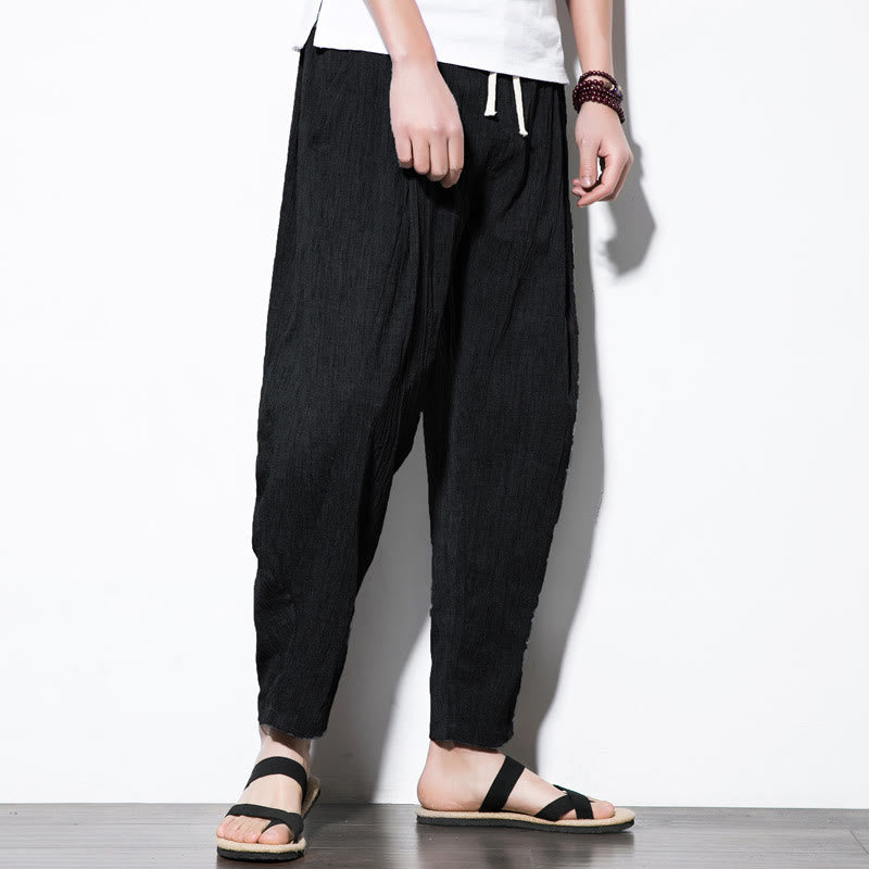 Pantalon Buddha Stones décontracté uni plissé avec cordon de serrage pour homme, en coton et lin, avec poches - image 24