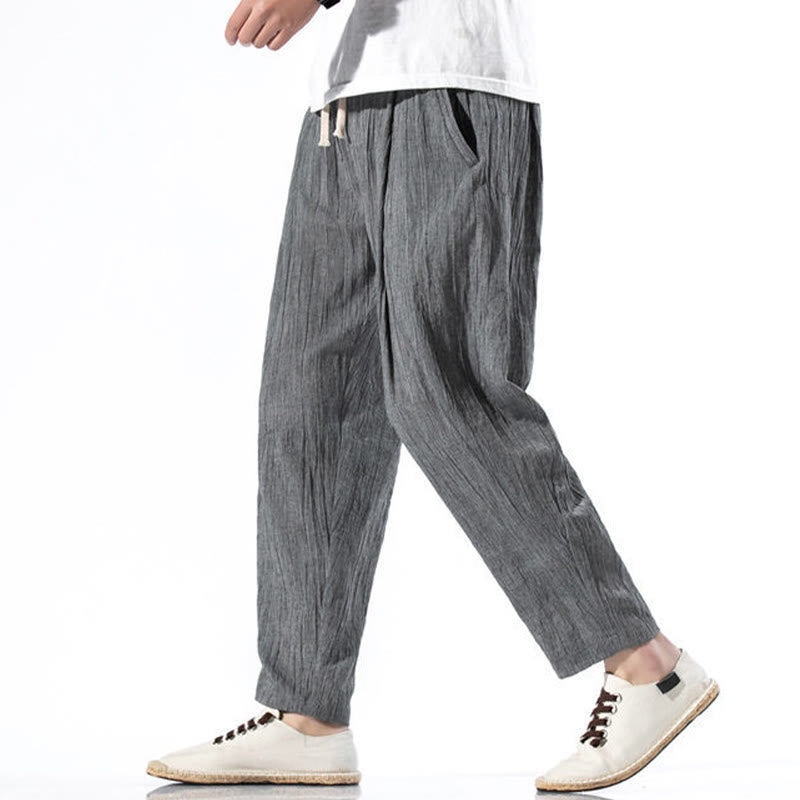 Pantalon Buddha Stones décontracté uni plissé avec cordon de serrage pour homme, en coton et lin, avec poches