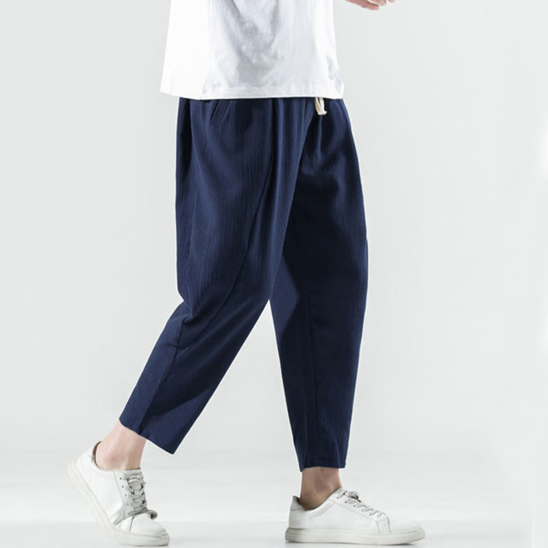 Pantalon Buddha Stones décontracté uni plissé avec cordon de serrage pour homme, en coton et lin, avec poches