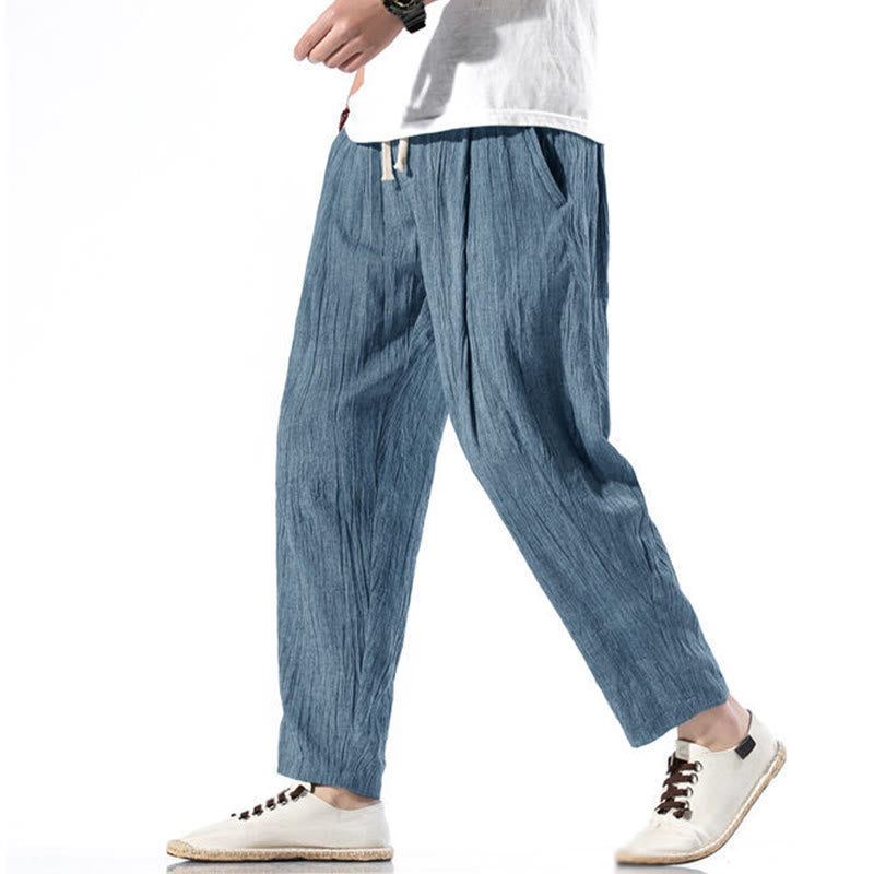 Pantalon Buddha Stones décontracté uni plissé avec cordon de serrage pour homme, en coton et lin, avec poches - image 35
