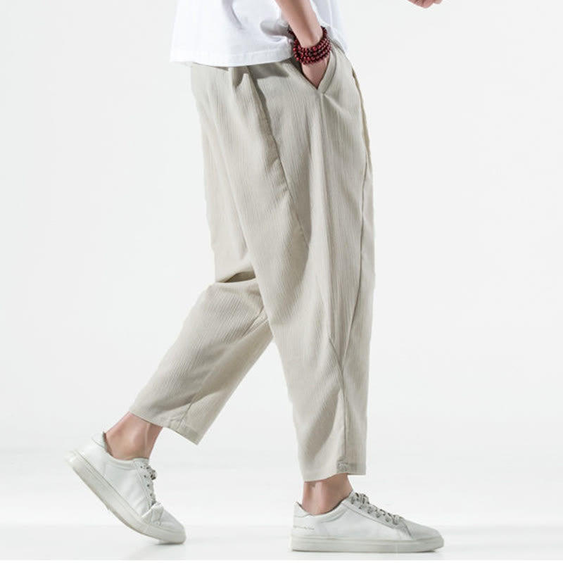 Pantalon Buddha Stones décontracté uni plissé avec cordon de serrage pour homme, en coton et lin, avec poches - image 3