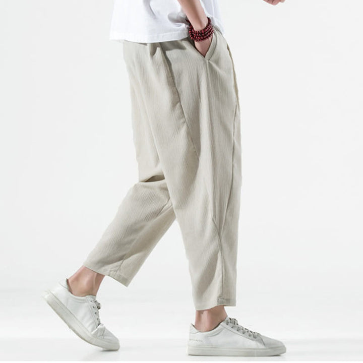 Pantalon Buddha Stones décontracté uni plissé avec cordon de serrage pour homme, en coton et lin, avec poches - image 3