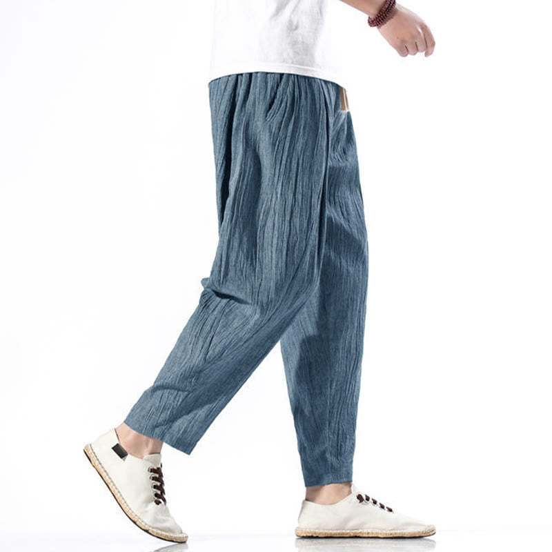 Pantalon Buddha Stones décontracté uni plissé avec cordon de serrage pour homme, en coton et lin, avec poches