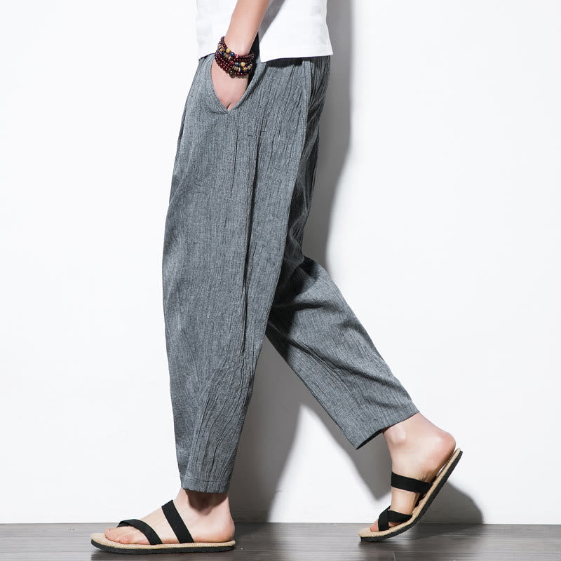 Pantalon Buddha Stones décontracté uni plissé avec cordon de serrage pour homme, en coton et lin, avec poches - Gris ardoise clair - US/UK/AU46，EU56 (5XL) - image 4