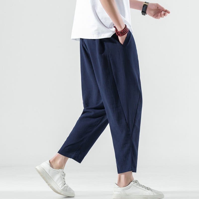 Pantalon Buddha Stones décontracté uni plissé avec cordon de serrage pour homme, en coton et lin, avec poches - image 42