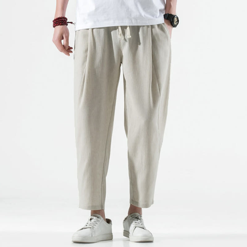 Pantalon Buddha Stones décontracté uni plissé avec cordon de serrage pour homme, en coton et lin, avec poches - image 2