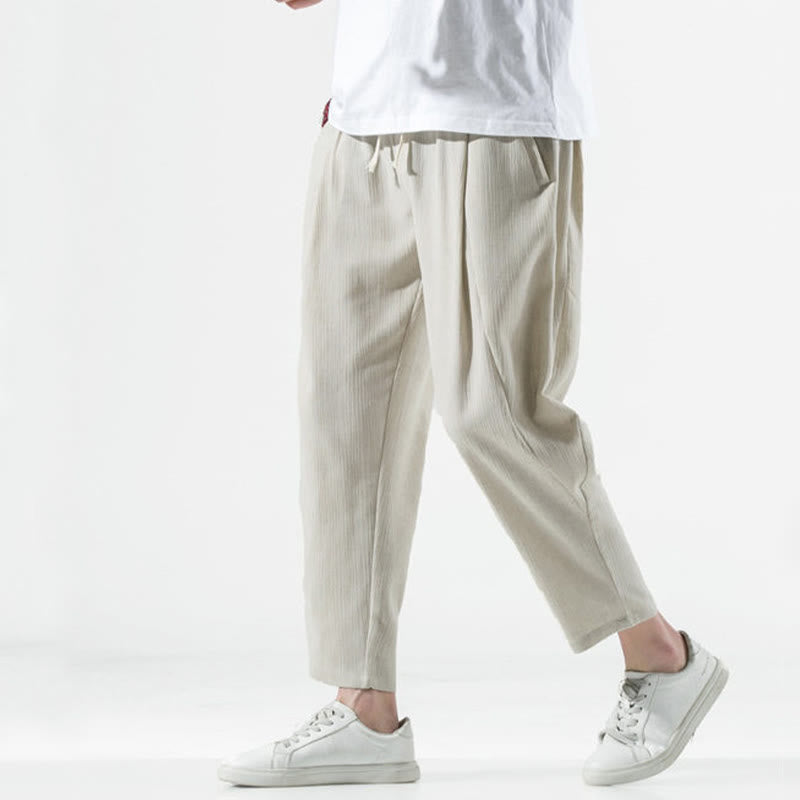 Pantalon Buddha Stones décontracté uni plissé avec cordon de serrage pour homme, en coton et lin, avec poches - Lin - US/UK/AU46，EU56 (5XL) - image 0