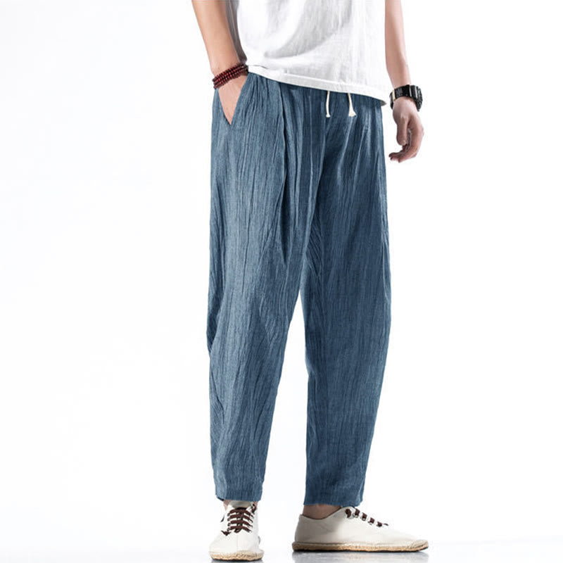 Pantalon Buddha Stones décontracté uni plissé avec cordon de serrage pour homme, en coton et lin, avec poches - image 33