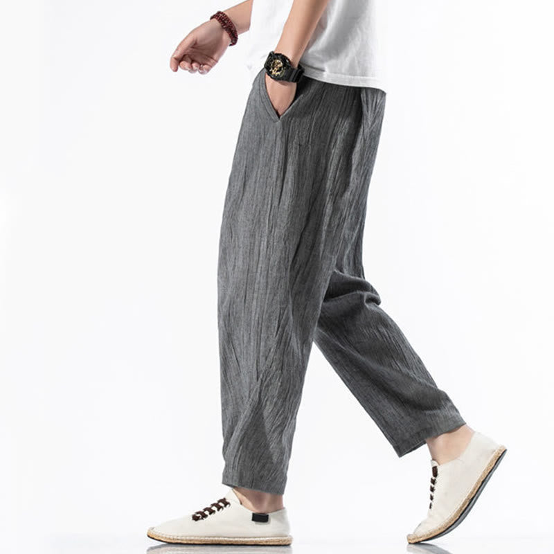 Pantalon Buddha Stones décontracté uni plissé avec cordon de serrage pour homme, en coton et lin, avec poches - image 5