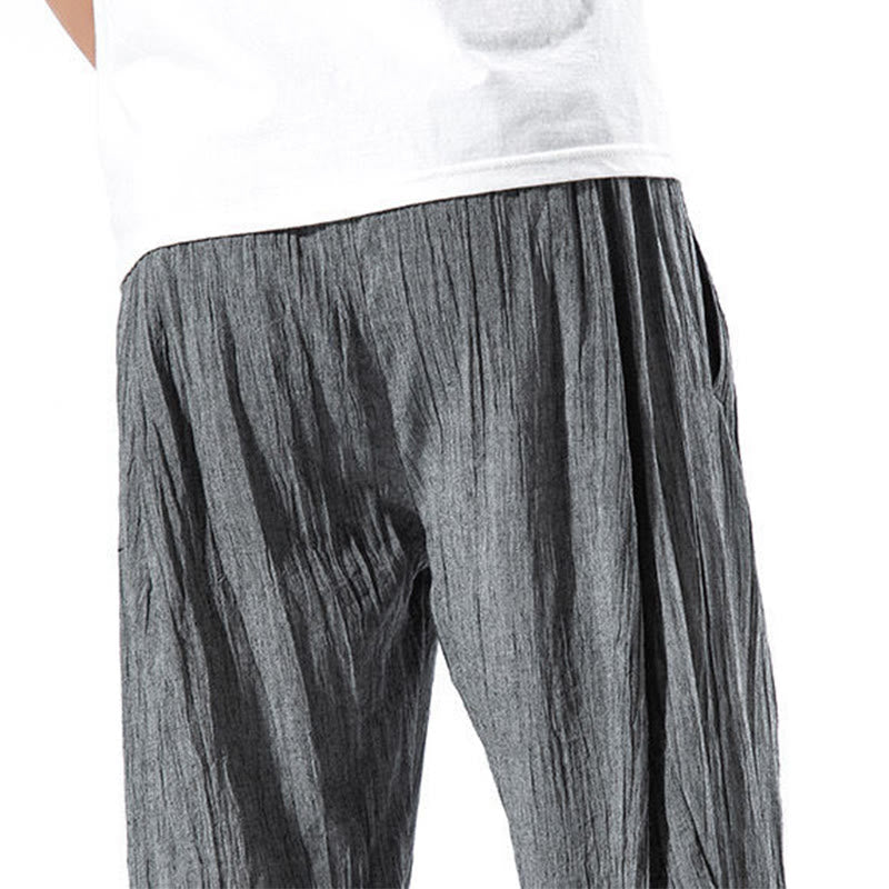 Pantalon Buddha Stones décontracté uni plissé avec cordon de serrage pour homme, en coton et lin, avec poches