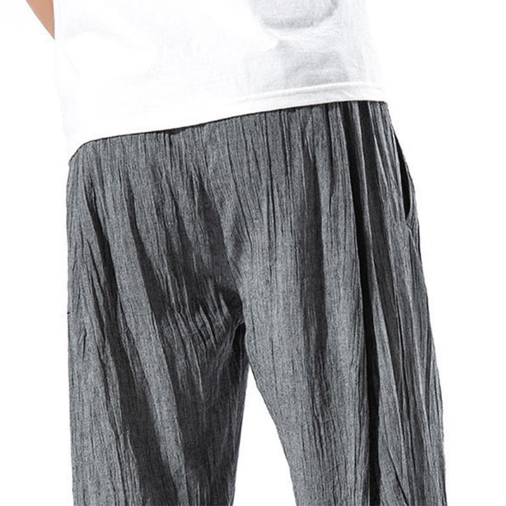 Pantalon Buddha Stones décontracté uni plissé avec cordon de serrage pour homme, en coton et lin, avec poches