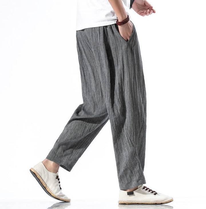 Pantalon Buddha Stones décontracté uni plissé avec cordon de serrage pour homme, en coton et lin, avec poches - image 6