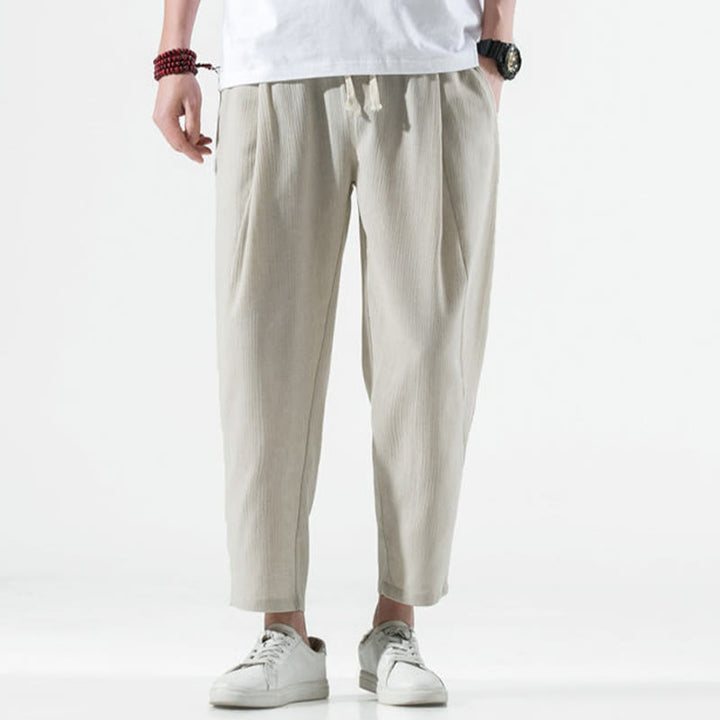 Pantalon Buddha Stones décontracté uni plissé avec cordon de serrage pour homme, en coton et lin, avec poches - image 2