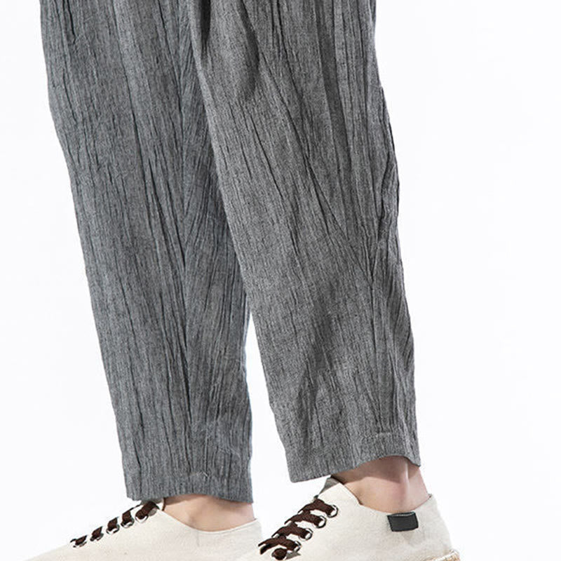 Pantalon Buddha Stones décontracté uni plissé avec cordon de serrage pour homme, en coton et lin, avec poches