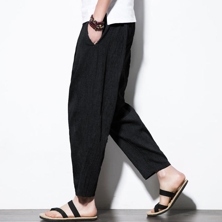 Pantalon Buddha Stones décontracté uni plissé avec cordon de serrage pour homme, en coton et lin, avec poches