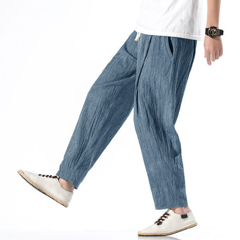Pantalon Buddha Stones décontracté uni plissé avec cordon de serrage pour homme, en coton et lin, avec poches