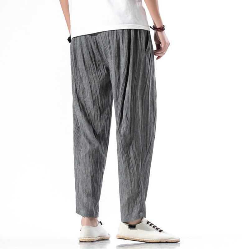 Pantalon Buddha Stones décontracté uni plissé avec cordon de serrage pour homme, en coton et lin, avec poches - image 8