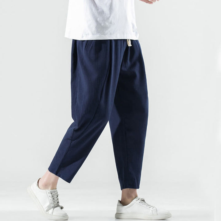 Pantalon Buddha Stones décontracté uni plissé avec cordon de serrage pour homme, en coton et lin, avec poches - image 41