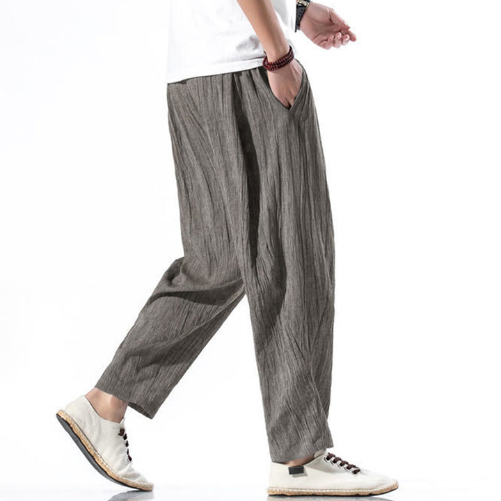 Pantalon Buddha Stones décontracté uni plissé avec cordon de serrage pour homme, en coton et lin, avec poches - image 18