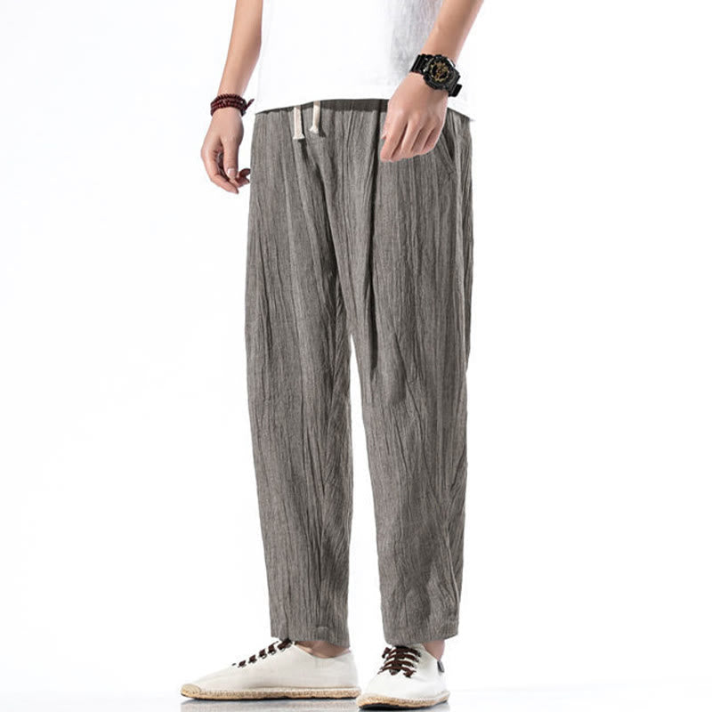 Pantalon Buddha Stones décontracté uni plissé avec cordon de serrage pour homme, en coton et lin, avec poches - image 21