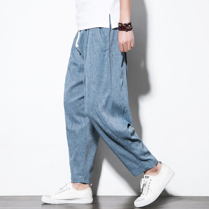 Pantalon Buddha Stones décontracté uni plissé avec cordon de serrage pour homme, en coton et lin, avec poches