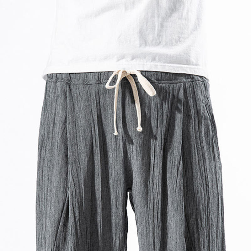 Pantalon Buddha Stones décontracté uni plissé avec cordon de serrage pour homme, en coton et lin, avec poches - image 11