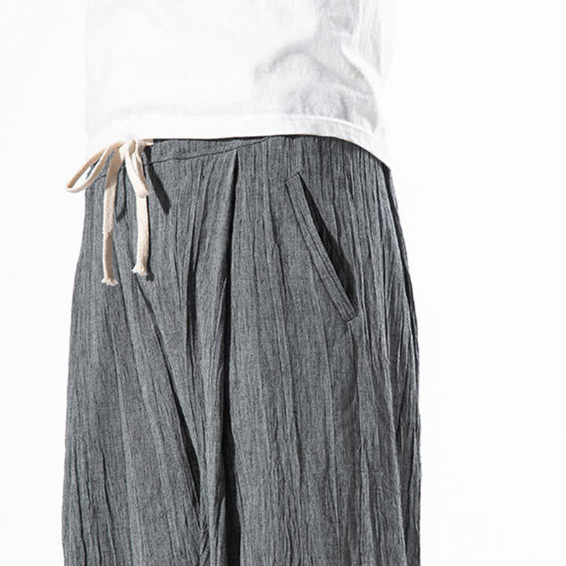 Pantalon Buddha Stones décontracté uni plissé avec cordon de serrage pour homme, en coton et lin, avec poches