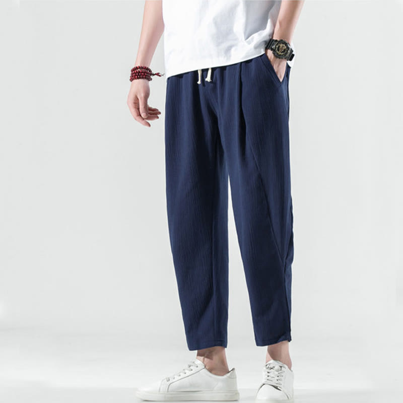 Pantalon Buddha Stones décontracté uni plissé avec cordon de serrage pour homme, en coton et lin, avec poches - image 39