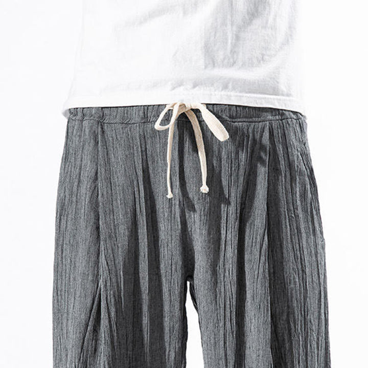 Pantalon Buddha Stones décontracté uni plissé avec cordon de serrage pour homme, en coton et lin, avec poches