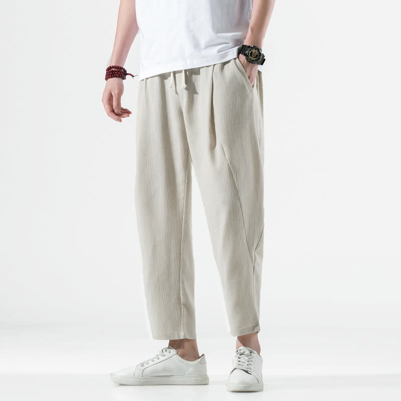 Pantalon Buddha Stones décontracté uni plissé avec cordon de serrage pour homme, en coton et lin, avec poches - image 1