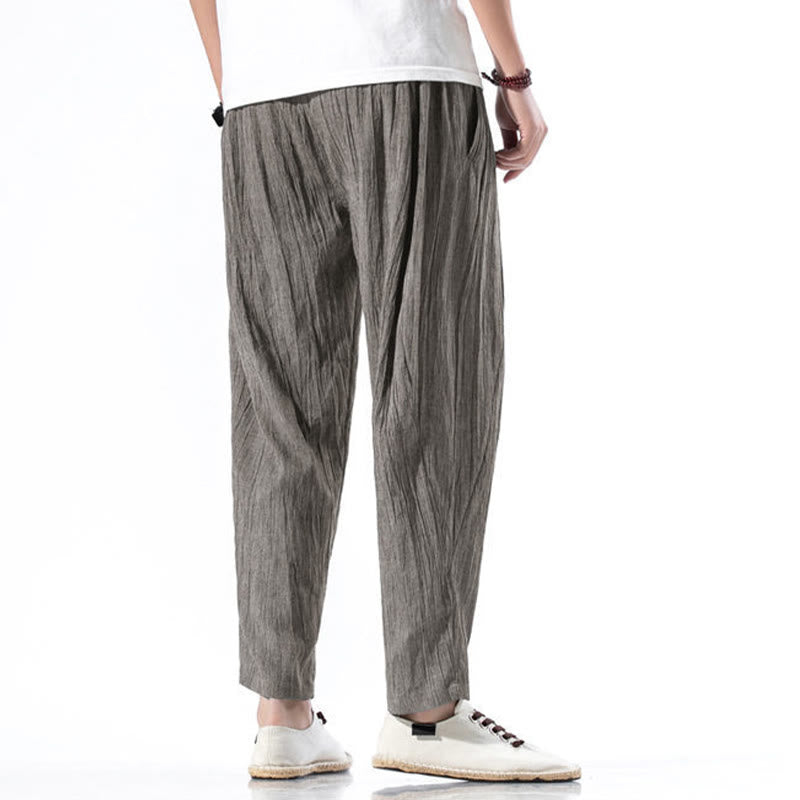 Pantalon Buddha Stones décontracté uni plissé avec cordon de serrage pour homme, en coton et lin, avec poches - image 22