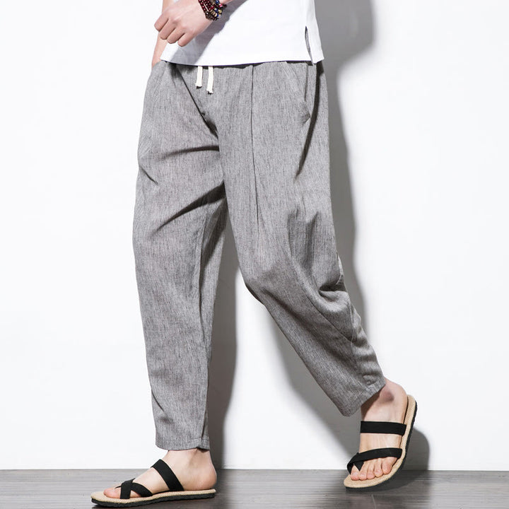 Pantalon Buddha Stones décontracté uni plissé avec cordon de serrage pour homme, en coton et lin, avec poches