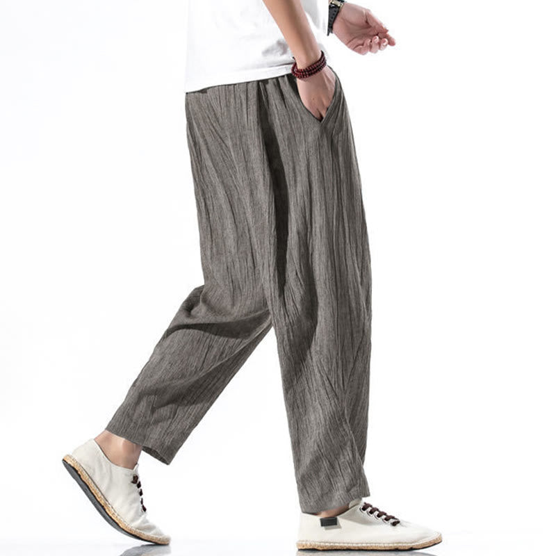 Pantalon Buddha Stones décontracté uni plissé avec cordon de serrage pour homme, en coton et lin, avec poches