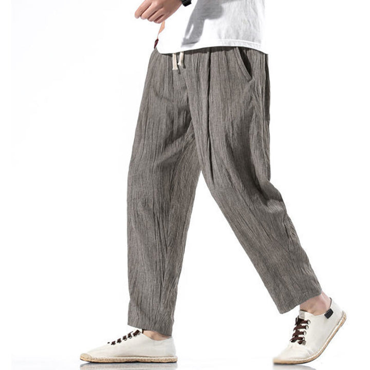 Pantalon Buddha Stones décontracté uni plissé avec cordon de serrage pour homme, en coton et lin, avec poches
