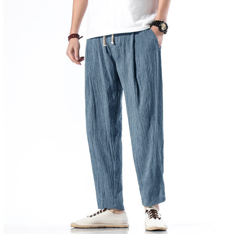 Pantalon Buddha Stones décontracté uni plissé avec cordon de serrage pour homme, en coton et lin, avec poches - image 32