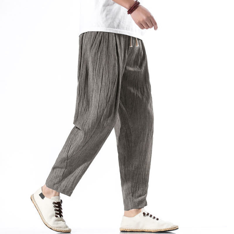 Pantalon Buddha Stones décontracté uni plissé avec cordon de serrage pour homme, en coton et lin, avec poches