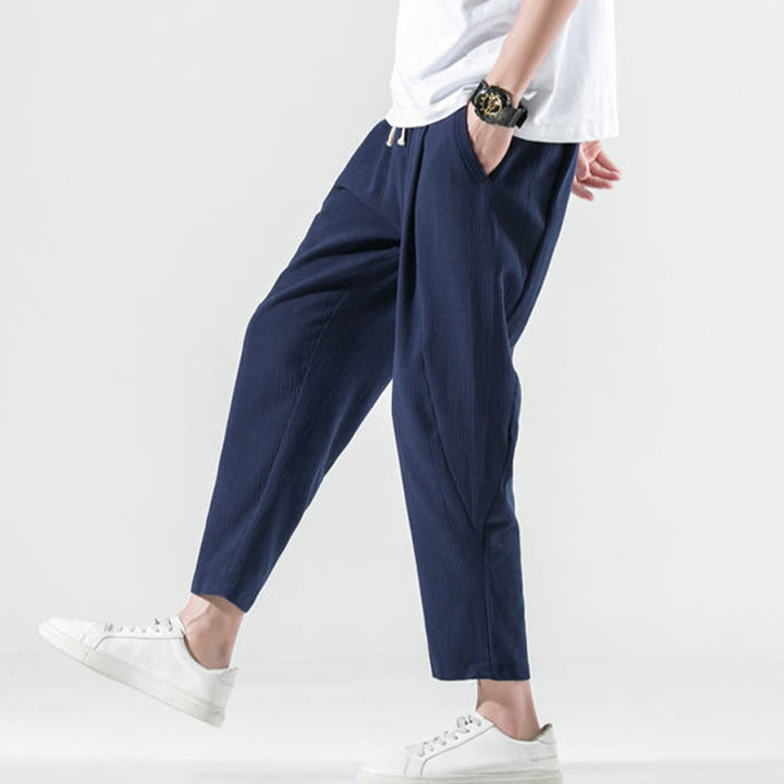 Pantalon Buddha Stones décontracté uni plissé avec cordon de serrage pour homme, en coton et lin, avec poches